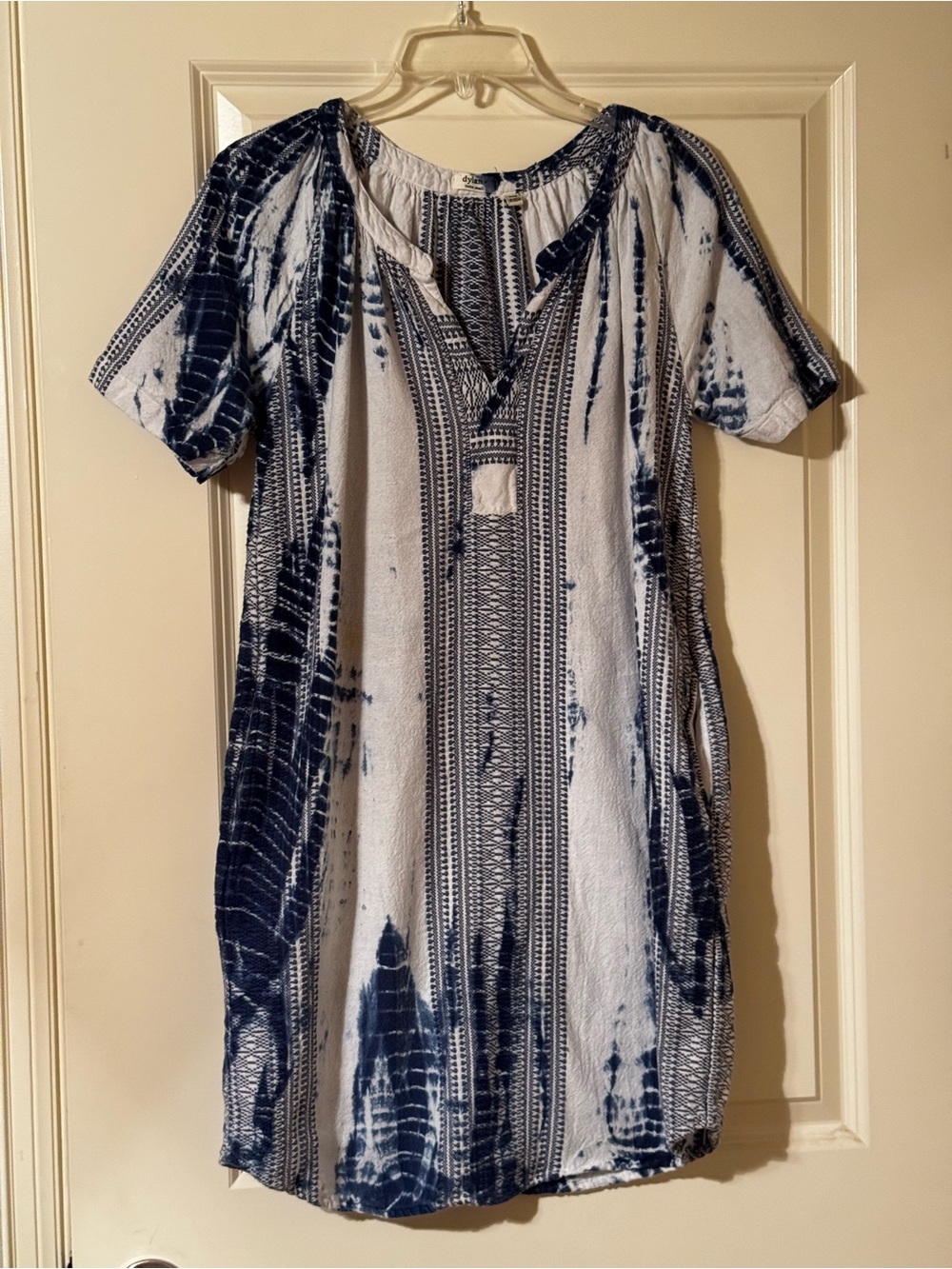 Dylan XS Blue White Tie Dye Dress Boho Shift Tunic Short Sleeve Resort Beach